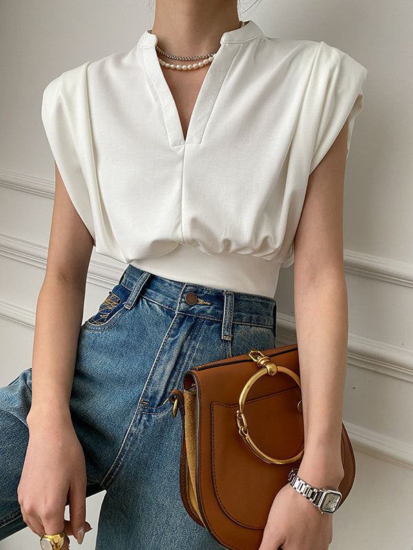 Pleated Shoulder Pad Solid Color Loose Sleeveless V-Neck T-Shirts Tops