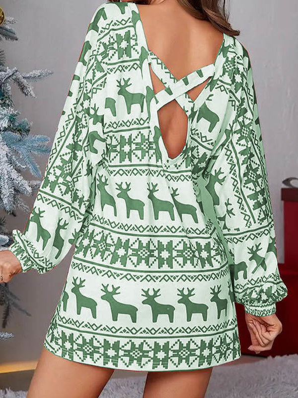 Animal Printed Contrast Color Flower Print Long Sleeves Puff Sleeves One-Shoulder Mini Dresses