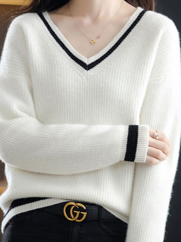 Urban Loose Long Sleeves Contrast Color V-Neck Sweater Tops