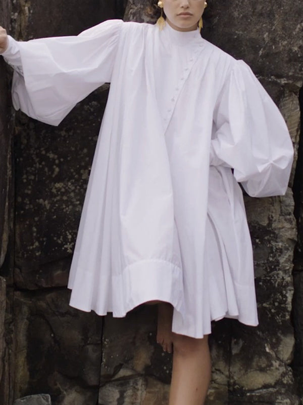 Buttoned Solid Color Long Sleeves Loose Stand Collar Shirt Dress Mini Dresses