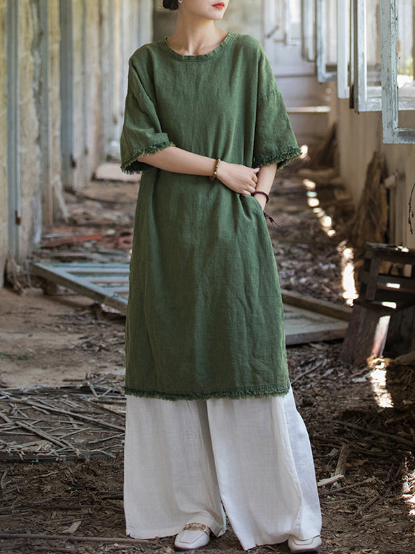 Fringed Solid Color Split-Side Half Sleeves Round-Neck Midi Dresses
