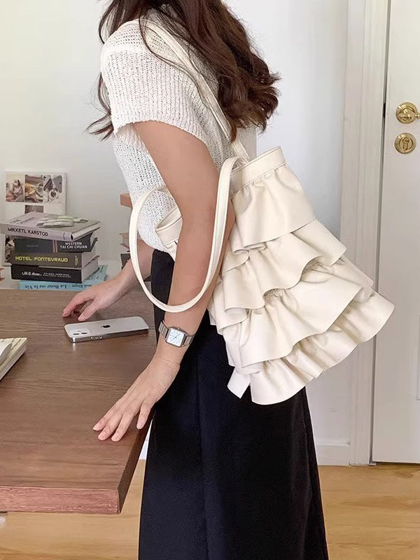 Layered Pleated Pockets Solid Color Zipper Handbags