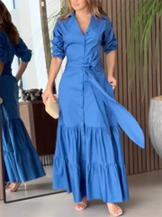 Belted Solid Color Half Sleeves Lapel Collar Shirt Dress Maxi Dresses