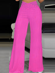 Elasticity Hollow Pleated Solid Color Loose Wide Leg Trousers Pants