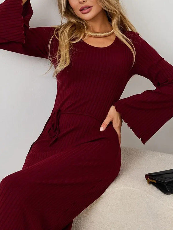 Pleated Ruffled Solid Color Split-Joint Long Sleeves Round-neck Maxi Dresses