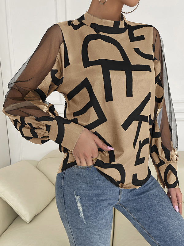 Buttoned Hollow Letter Print See-Through Split-Joint Long Sleeves Round-neck Shirts Tops Blouses&shirts Tops