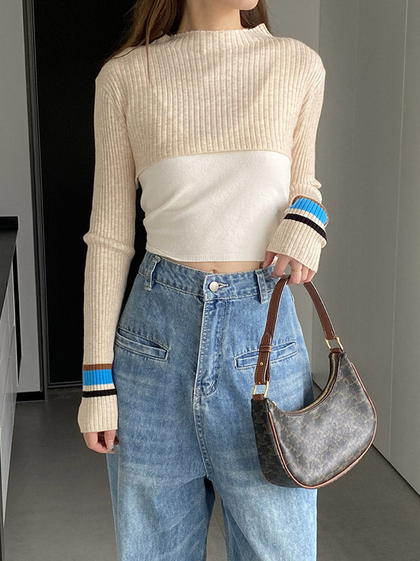 Contrast Color Long Sleeves Loose Round-Neck Two Pieces Set Cover-Ups Tops