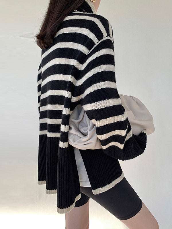 Contrast Color Pleated Split-Joint Split-Side Striped Patterns Long Sleeves Loose High Neck Sweater Tops