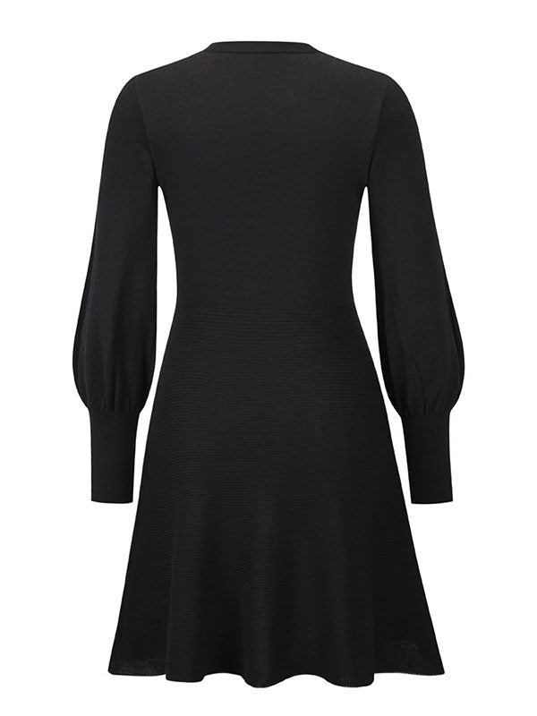 Solid Color Puff Sleeves Wrap Round-Neck Sweater Dress