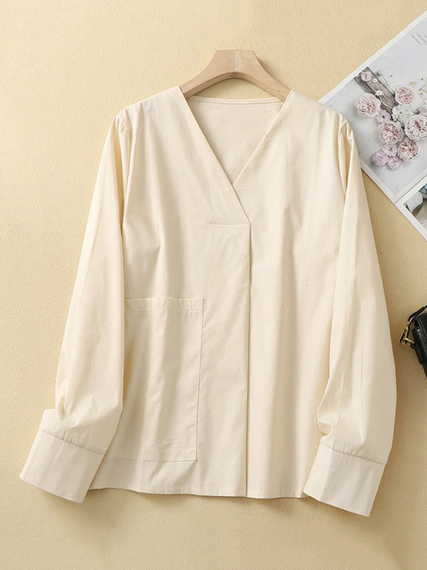 Pockets Solid Color Long Sleeves Loose V-Neck Blouses&Shirts Tops