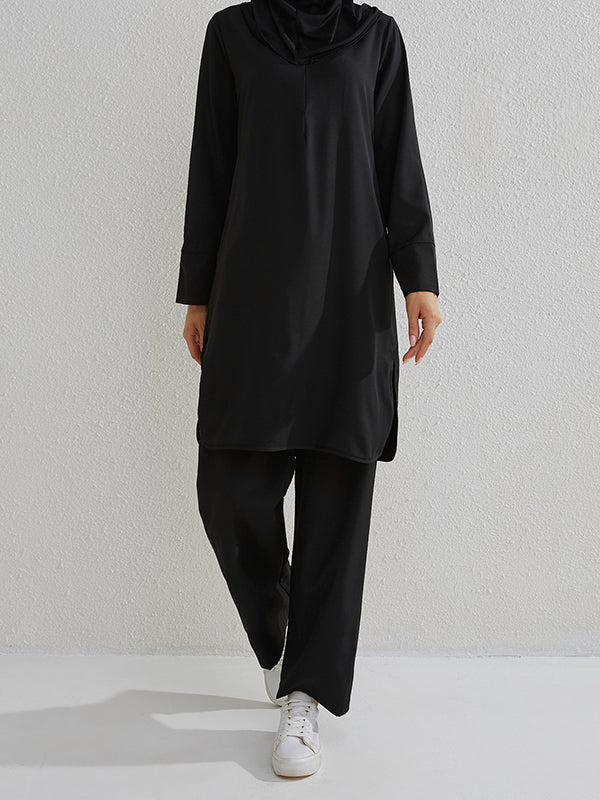 Round-Neck Long Sleeves Pockets Solid Color Split-Side Shirts Top + Pants Bottom Two Pieces Set