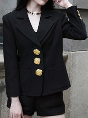 Buttoned Pockets Split-Joint Long Sleeves Loose Notched Collar Outerwear Blazer