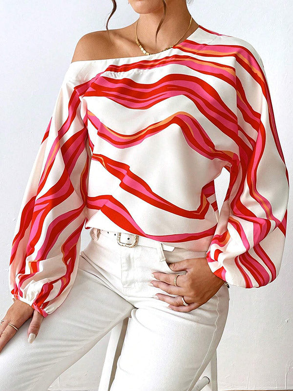 Asymmetric Striped Long Sleeves Loose One-Shoulder Blouses&Shirts Tops