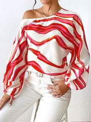 Asymmetric Striped Long Sleeves Loose One-Shoulder Blouses&Shirts Tops