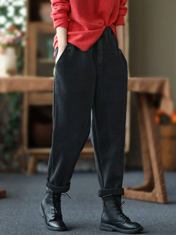 Vintage Black&Gray Thicken Velvet Elasticity Casual Pants