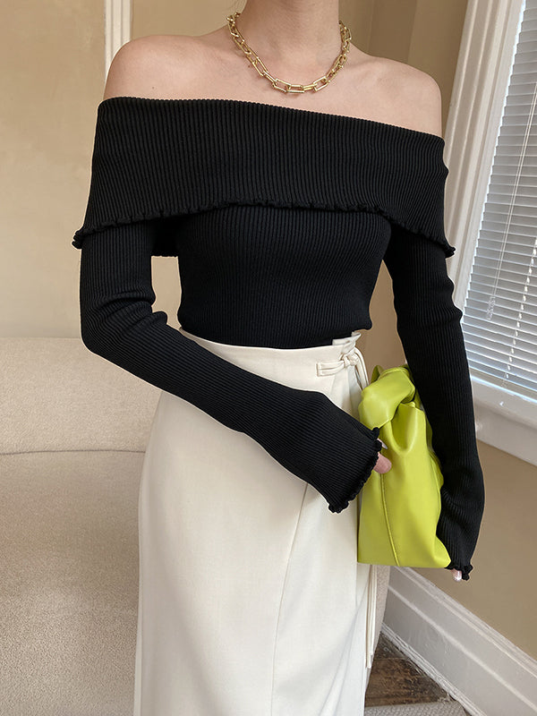 Falbala Solid Color Long Sleeves Skinny Off-the-shoulder Sweater Tops