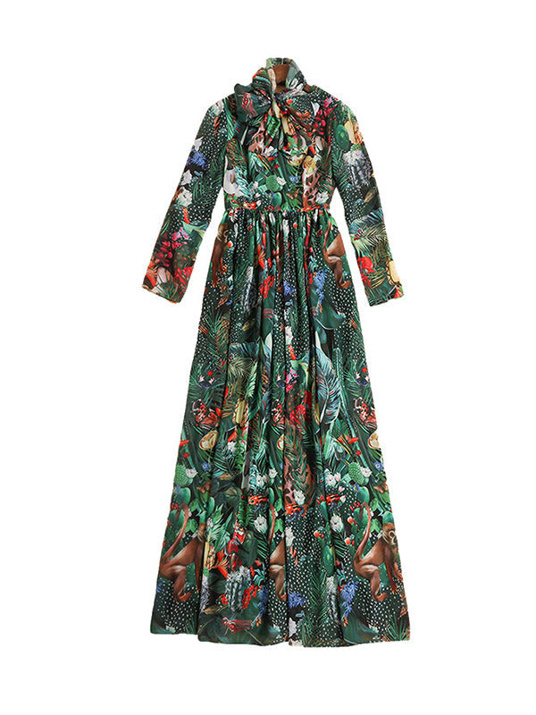 Bowknot Elasticity Flower Print Zipper High Waisted Long Sleeves Round-neck Maxi Dresses