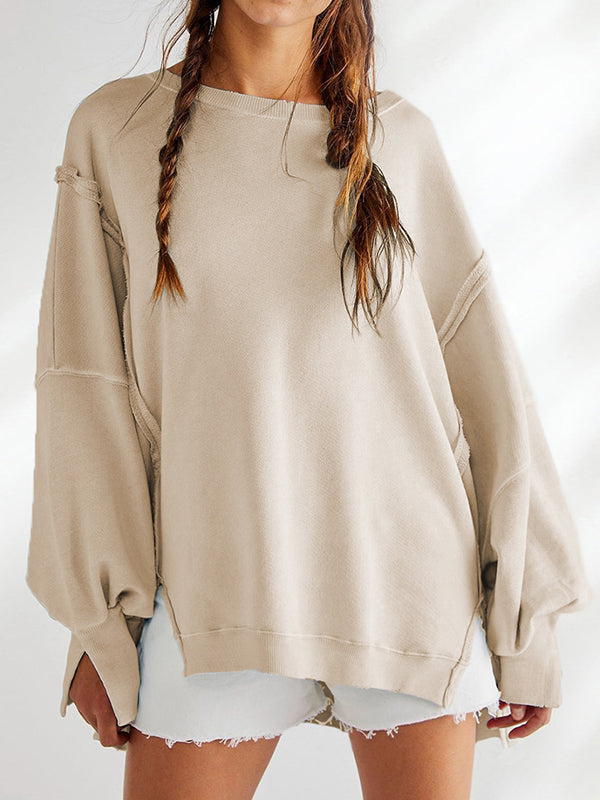 Fringed Solid Color Split-Joint Split-Side Long Sleeves Loose Round-Neck Sweatershirt