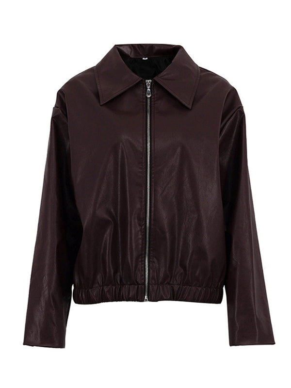 Elasticity Solid Color Zipper Long Sleeves Loose Lapel Outerwear Jackets