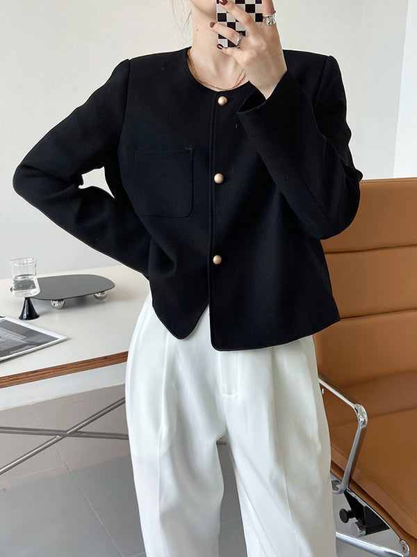 Original Creation Long Sleeves Loose Buttoned Solid Color Round-Neck Outerwear