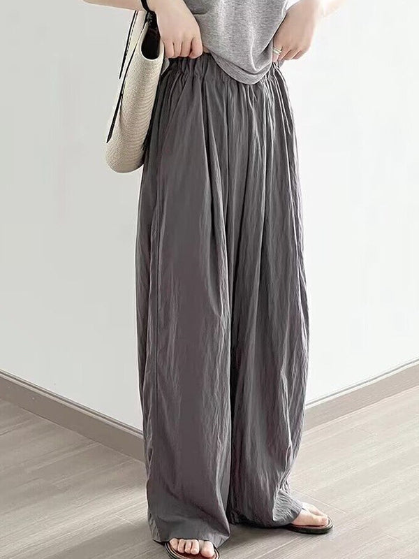 Elasticity Pleated Pockets Solid Color High Waisted Loose Trousers Pants
