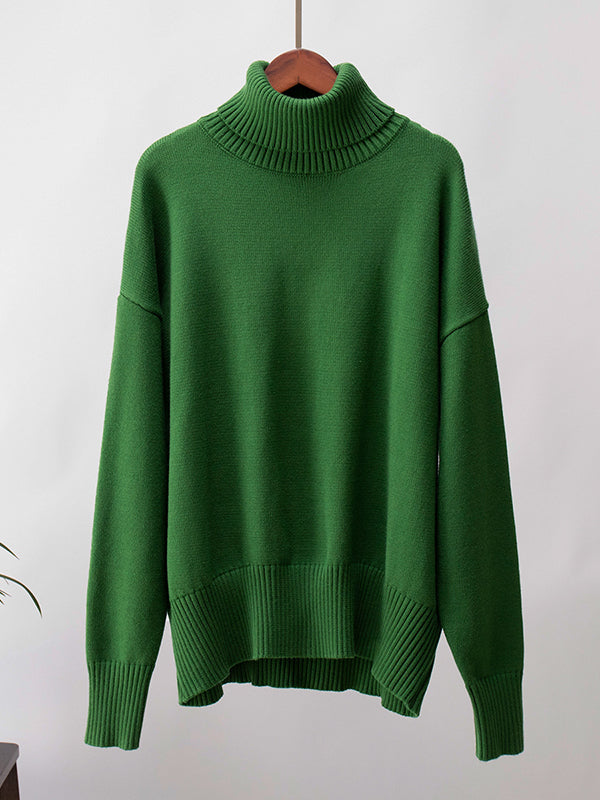 Solid Color Split-Joint High-Low Long Sleeves High Neck Sweater Tops
