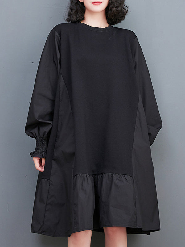 Pleated Solid Color Split-Joint Loose Puff Sleeves Round-neck Midi Dresses