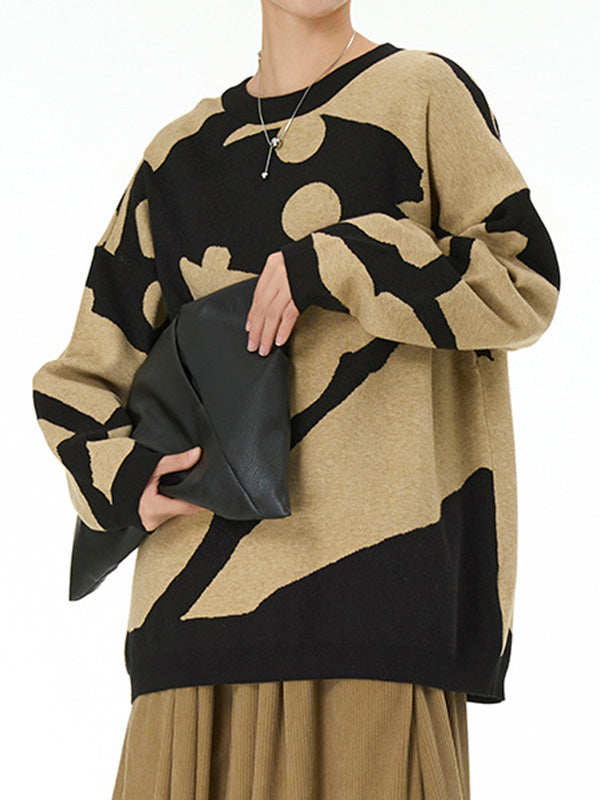 Contrast Color Velvet Long Sleeves Loose Round-Neck Sweater Tops Pullovers