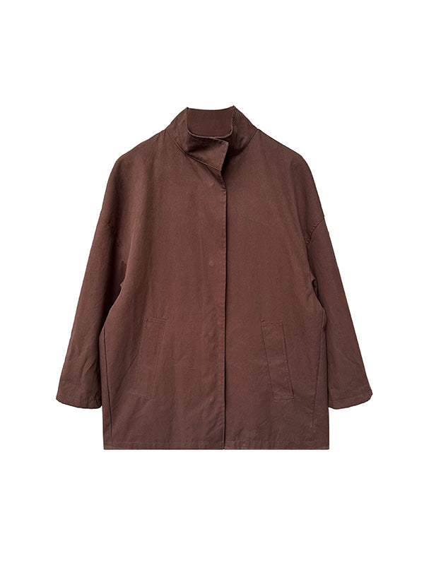 Pockets Solid Color Long Sleeves Loose Stand Collar Trench Coats Outerwear