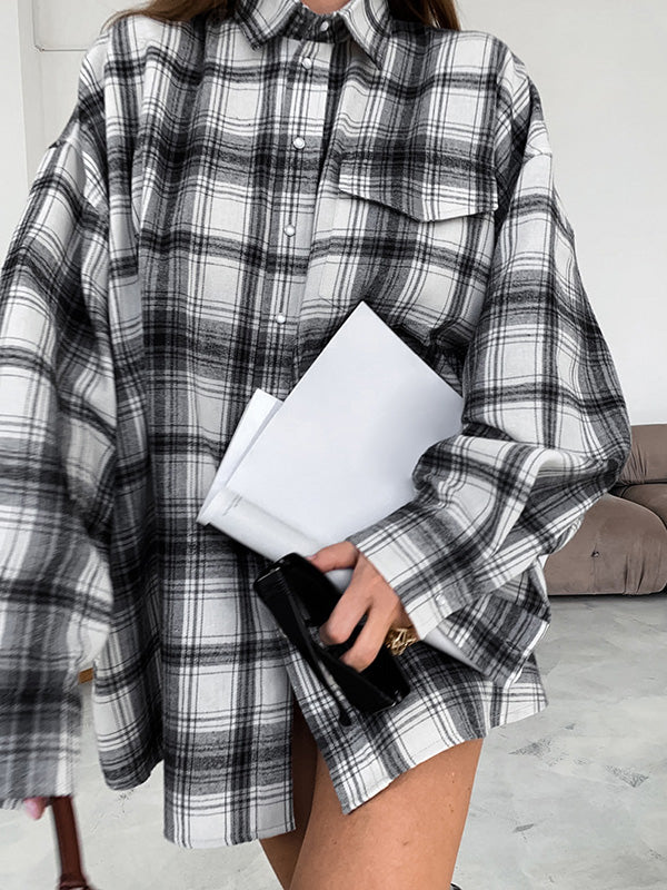 Buttoned Plaid Pockets Long Sleeves Loose Lapel Blouses&Shirts Tops