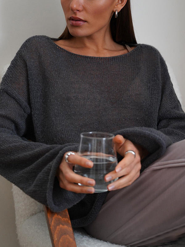 See-Through Solid Color Split-Joint Long Sleeves Loose Round-Neck Sweater Tops