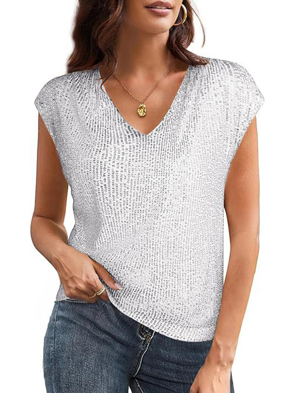 Sequined Shiny Batwing Sleeves Loose V-Neck T-Shirts Tops