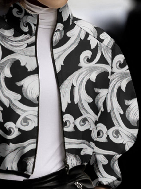 Floral Printed Split-Joint Loose Puff Sleeves High Neck Outerwear Jackets
