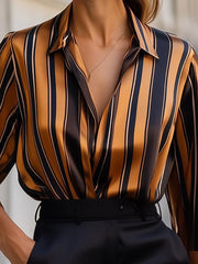 Long Sleeves Loose Contrast Color Striped Lapel Blouses&Shirts Tops