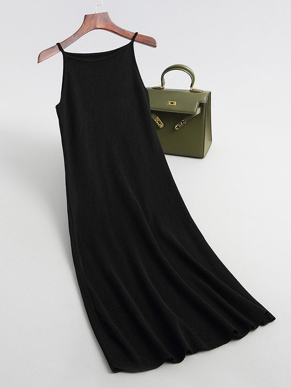 Solid Color A-Line High Waisted Spaghetti-Neck Midi Dresses