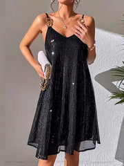 Backless Mesh Sequined Shiny Split-Joint A-Line Loose Spaghetti-Neck Mini Dresses