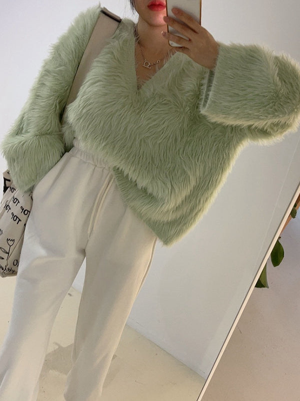 Original Creation Long Sleeves Loose Solid Color V-Neck Sweater Tops