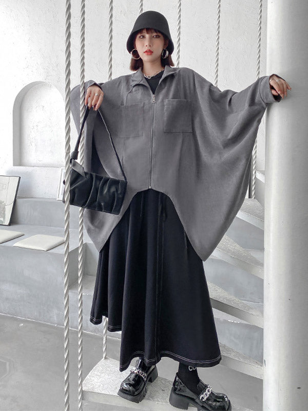 Casual Batwing Sleeves Loose Drawstring Zipper Stand Collar Jackets&Coats