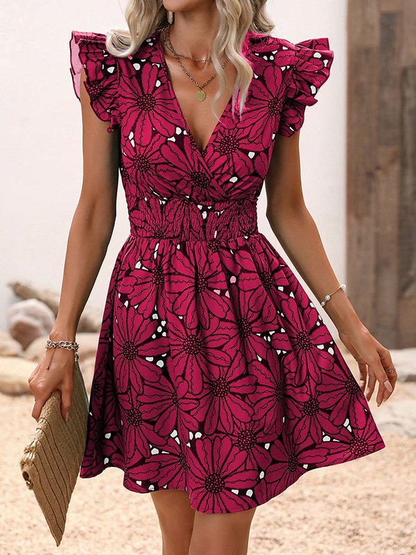 Elasticity Flower Print A-Line Loose V-Neck Mini Dresses