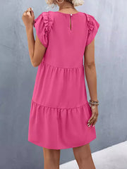 Pleated Solid Color Split-Joint A-Line Loose Round-Neck Mini Dresses