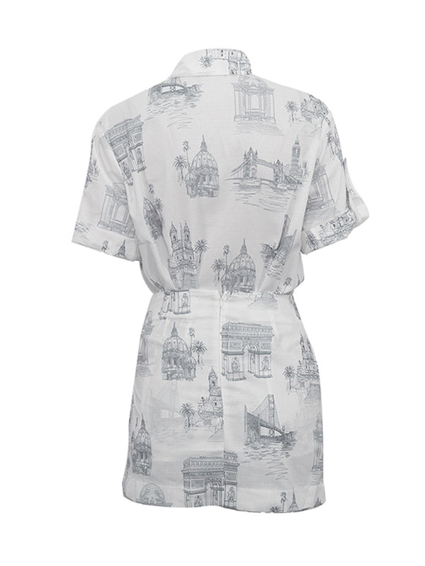 Lapel Loose Buttoned Printed Blouses Tops + Tied Bodycon Skirts bottom Two Pieces Set