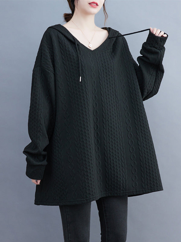 Drawstring Jacquard Solid Color Split-Joint Hooded Long Sleeves Hoodies Tops