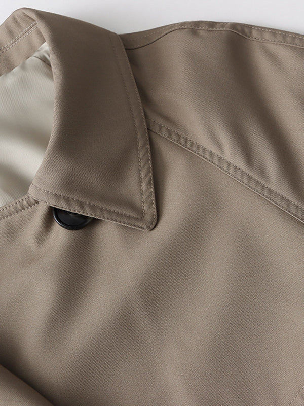 Buttoned Contrast Color Split-Joint Tied Waist Long Sleeves Loose Lapel Trench Coats