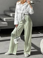 Elasticity Shiny Solid Color Split-Joint High Waisted Loose Trousers Pants