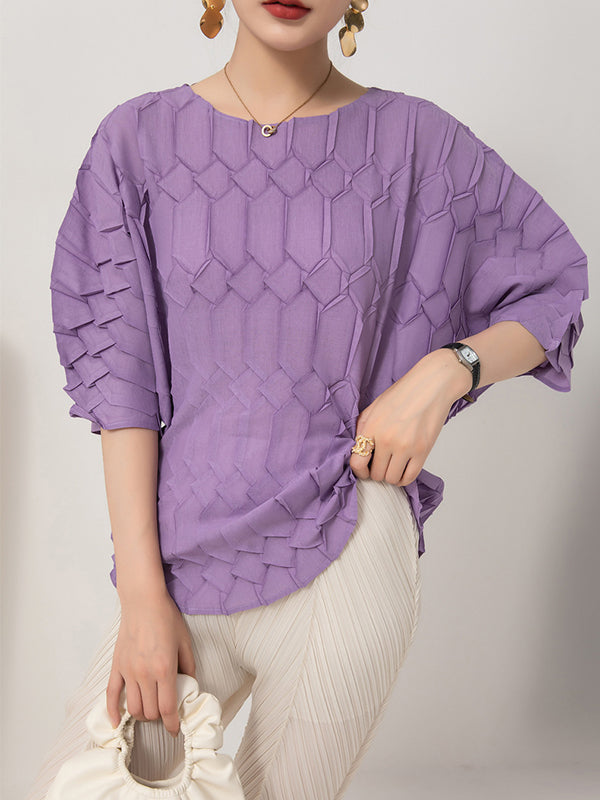 Original Loose Half Sleeves Pleated Solid Color Round-Neck T-Shirts Tops
