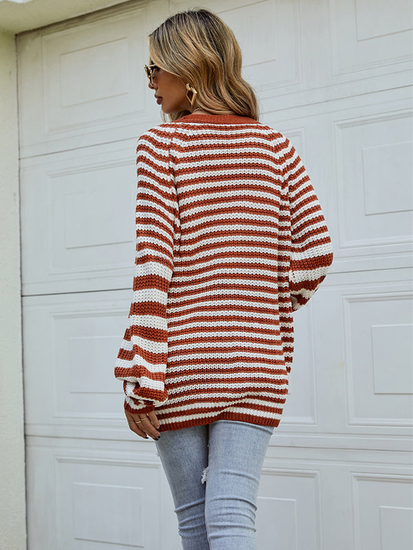 Casual Loose Long Sleeves Striped V-Neck Cardigan Tops