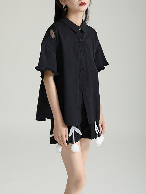 Buttoned Mesh Reversible See-Through Split-back Split-Joint Half Sleeves Loose Lapel Blouses&shirts Tops