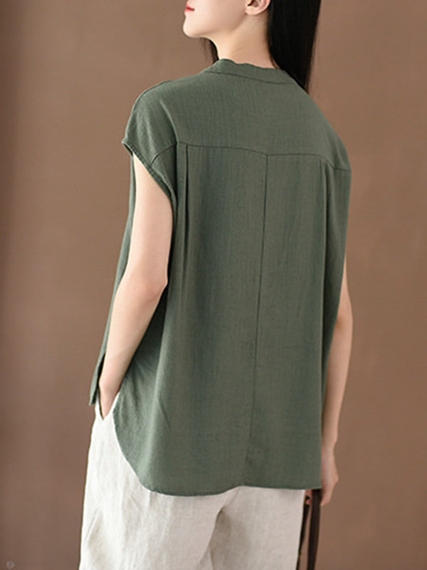 Solid Color Cap Sleeve High-Low Stand Collar Blouses&Shirts Tops