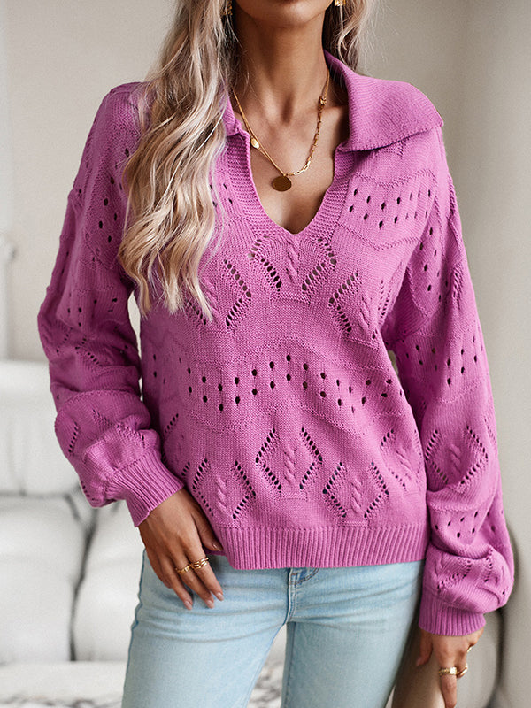 Hollow Solid Color Long Sleeves Loose Lapel Sweater Tops Pullovers