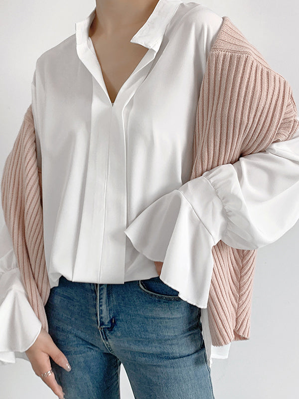 Solid Color Flared Sleeves High-low V-neck Blouses&shirts Tops